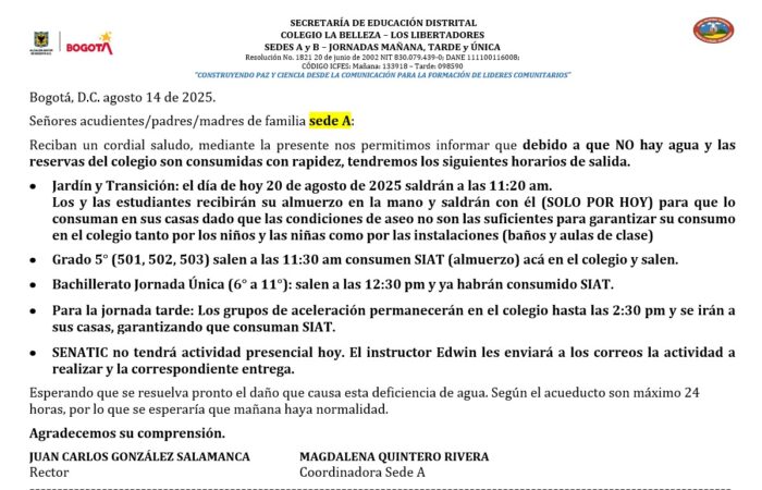 INFORMACIÓN EXTRAORDINARIA. Apreciadas familias; debido a las inconsistencias en la prestación del servicio de acueducto en el sector, la institución ha tomado las siguientes determinaciones (Sede A)